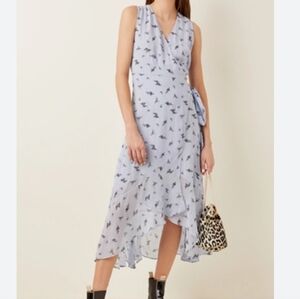 Ganni Floral Printed Georgette Wrapped Midi Dress in Blue Size 38 US 2